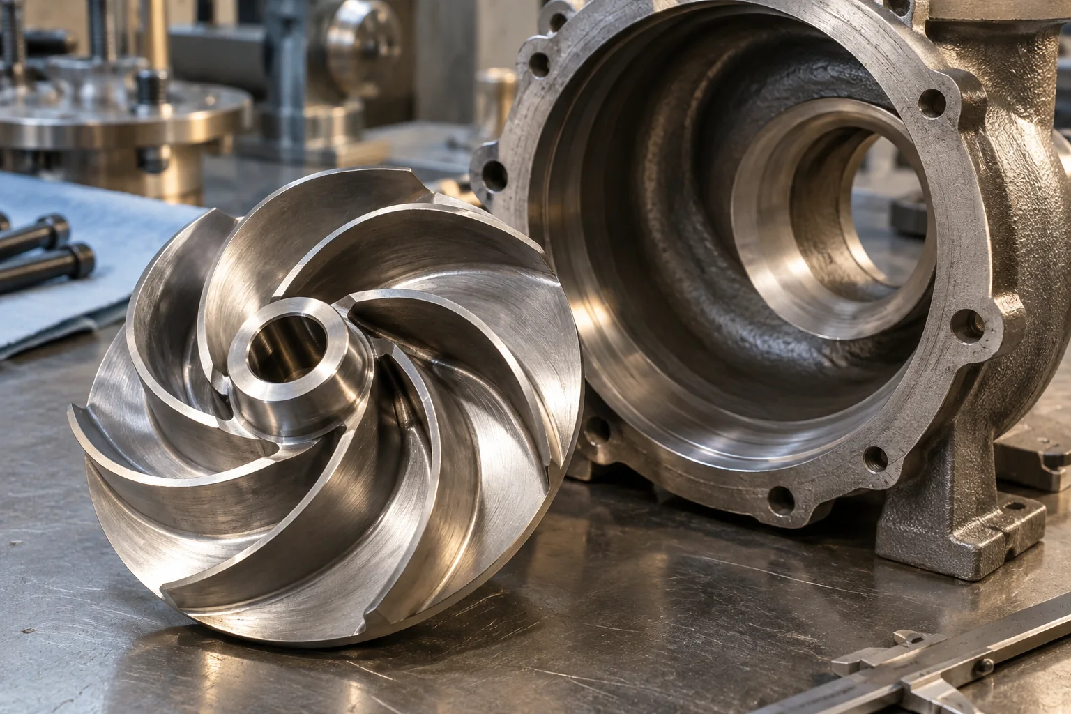Girante in acciaio e voluta aperta di una pompa centrifuga