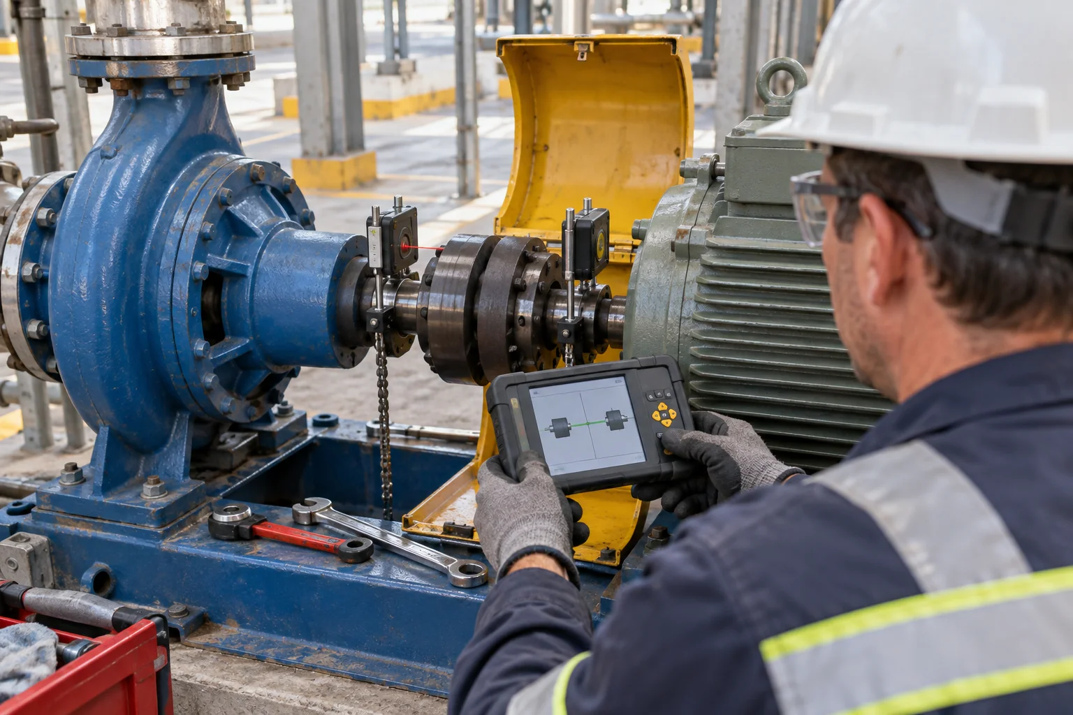 Tecnico che verifica l'allineamento tra pompa centrifuga e motore